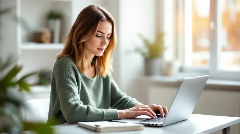 Frau sitzt mit Laptop an einem Schreibtisch in Stuttgart und recherchiert Weiterbildungsmöglichkeiten